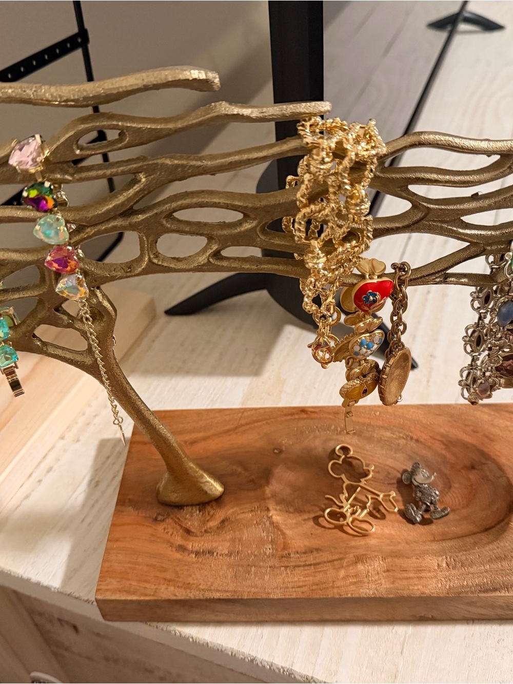 Anthropologie Gold Metal Jewelry Tree Stand with Wooden Base